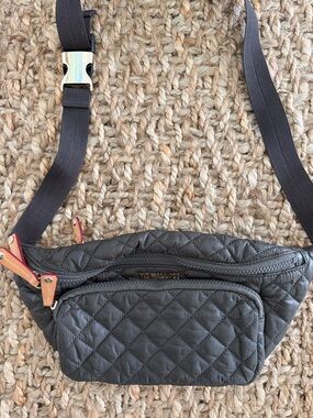 MZ Wallace Quilted Nylon Belt Bag in Charcoal with Tan Accents